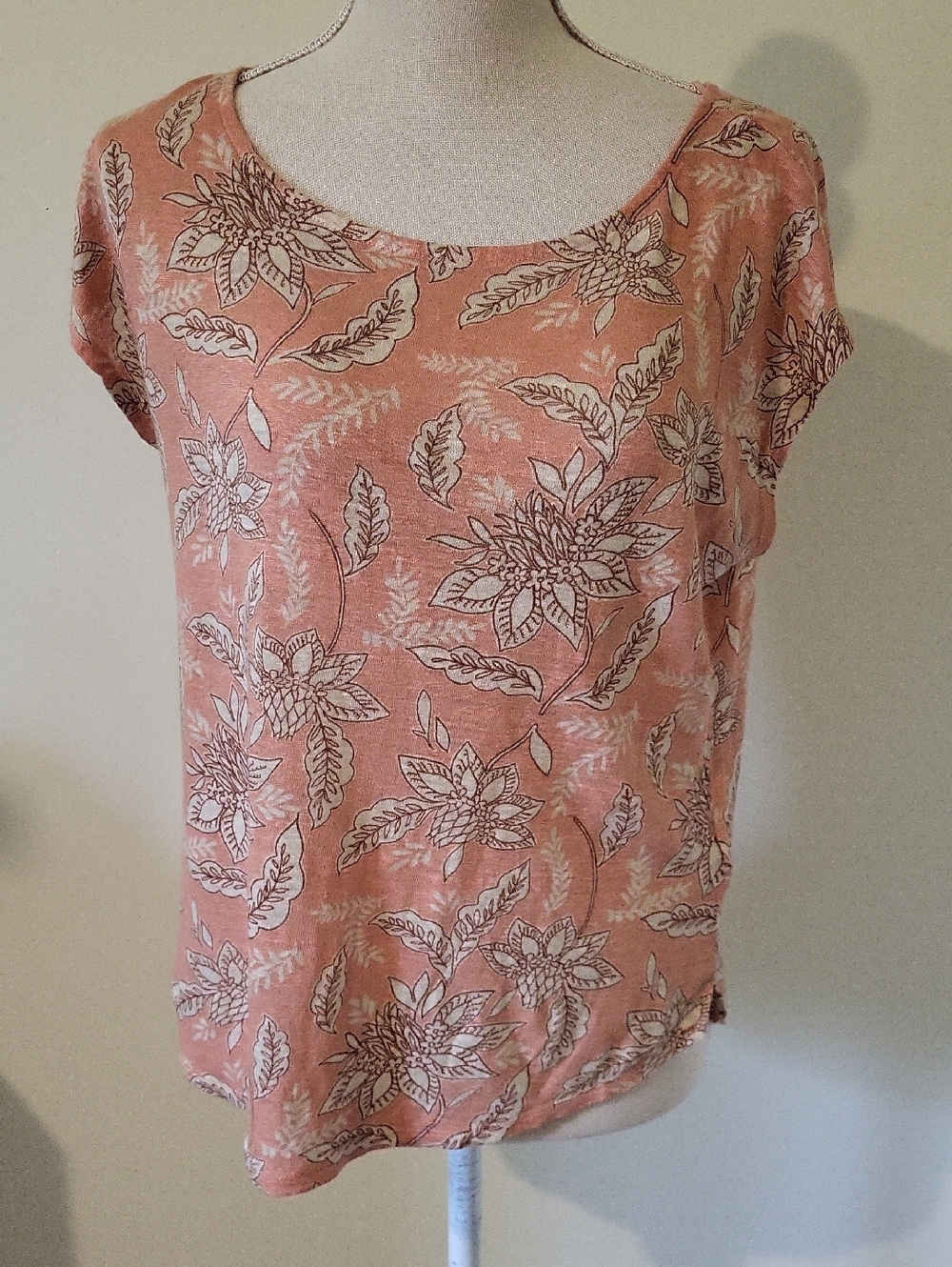 Rachel Zoe Coral Floral 100% Linen Short Sleeve Top Size M